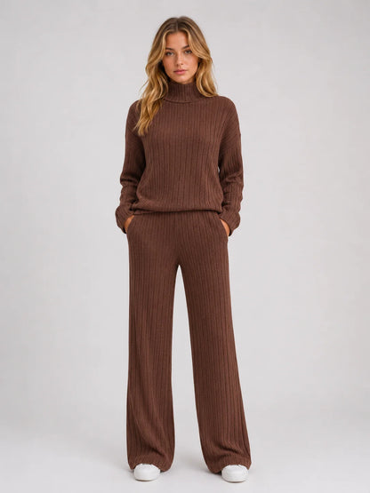 Louisa | Women's Lounge Set Ribbed Knit Roll Neck Jumper Wide-Leg Trousers Two-Piece Soft Cosy Warm Coordinated Relaxed Loungewear