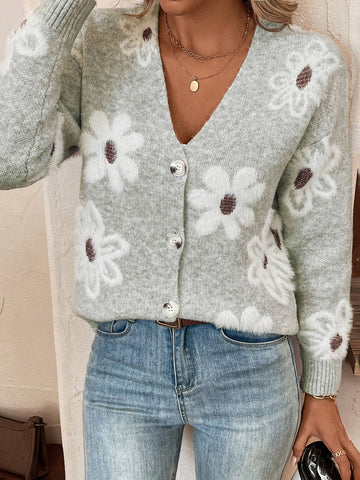 Marina | Women's Cardigan Floral V-Neck Button Front Knit Soft Feminine Cosy Warm Relaxed Layering Chic Casual Everyday Autumn