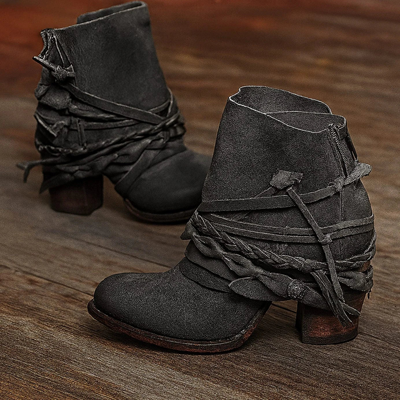 Selah | Women's Ankle Boots Boho Western Wrap Strap Block Heel Structured Statement Chic Casual Everyday Autumn Winter Footwear