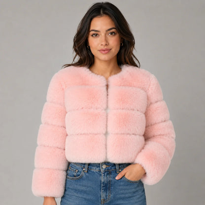 Veda | Women's Faux Fur Jacket Cropped Fluffy Plush Soft Warm Cosy Chic Feminine Occasion Everyday Autumn Winter Outerwear