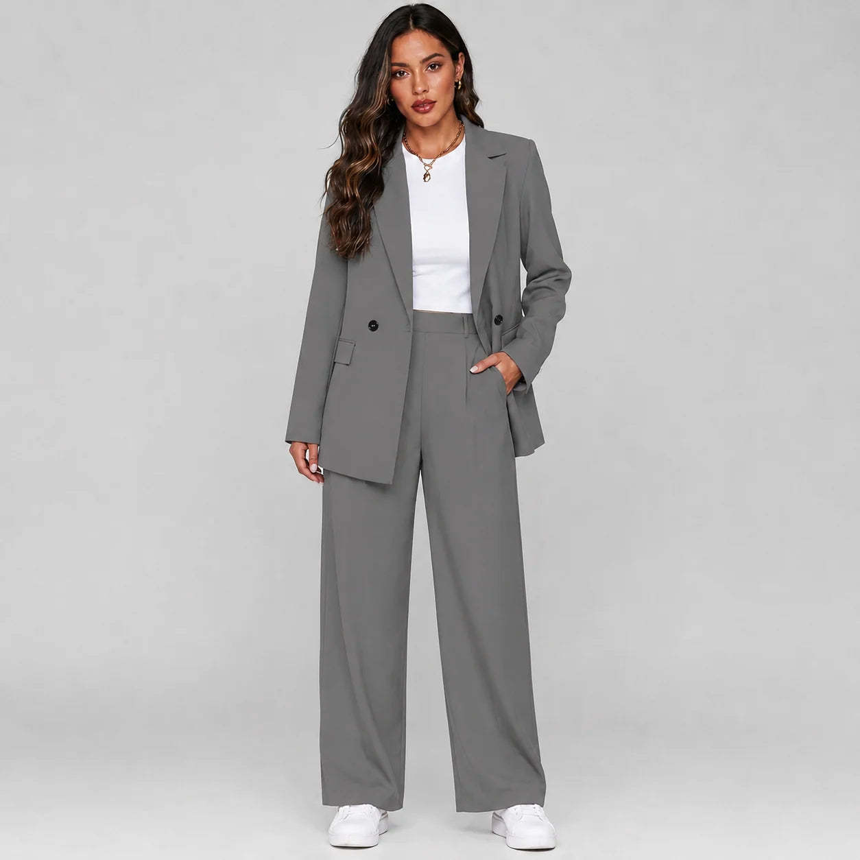 Tatiana | Women's Co-ord Set Longline Blazer Wide-Leg Trousers Two-Piece Tailored Structured Smart Occasion Office Coordinated