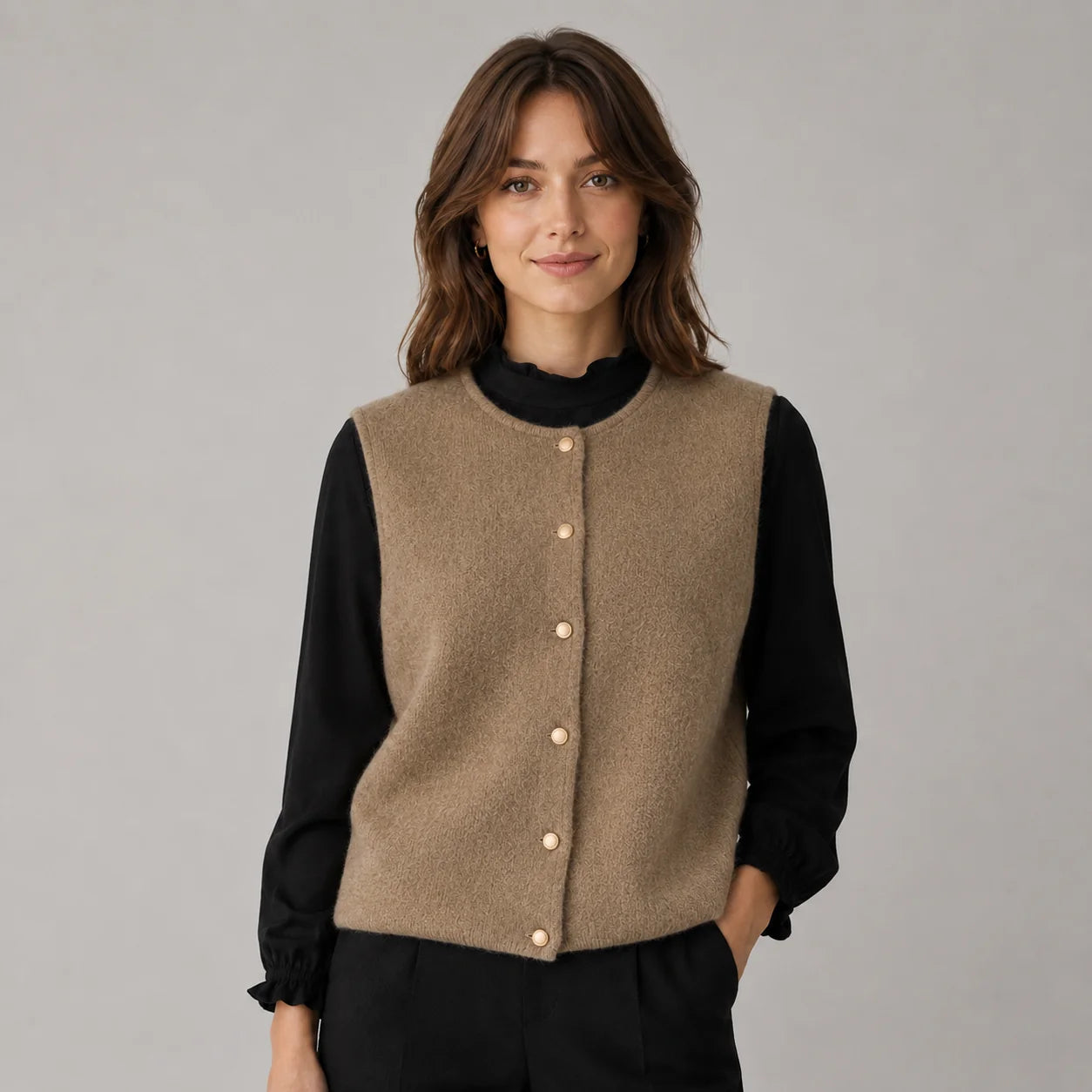 Sydney | Women's Vest Sweater Button-Front Round Neck Sleeveless Knit Soft Cosy Warm Layering Chic Feminine Casual Everyday