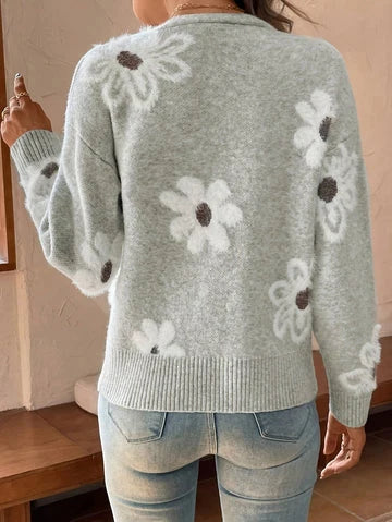 Marina | Women's Cardigan Floral V-Neck Button Front Knit Soft Feminine Cosy Warm Relaxed Layering Chic Casual Everyday Autumn