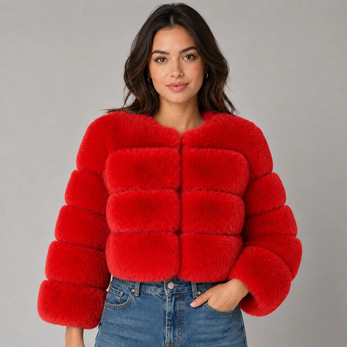 Veda | Women's Faux Fur Jacket Cropped Fluffy Plush Soft Warm Cosy Chic Feminine Occasion Everyday Autumn Winter Outerwear