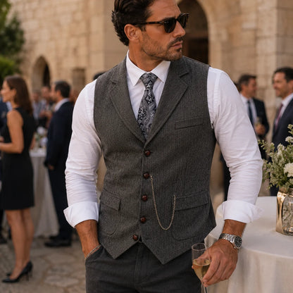 Gideon | Men's Tweed Waistcoat Gilet Tailored Classic Structured Sleeveless Smart Formal Occasion Business Wedding Refined