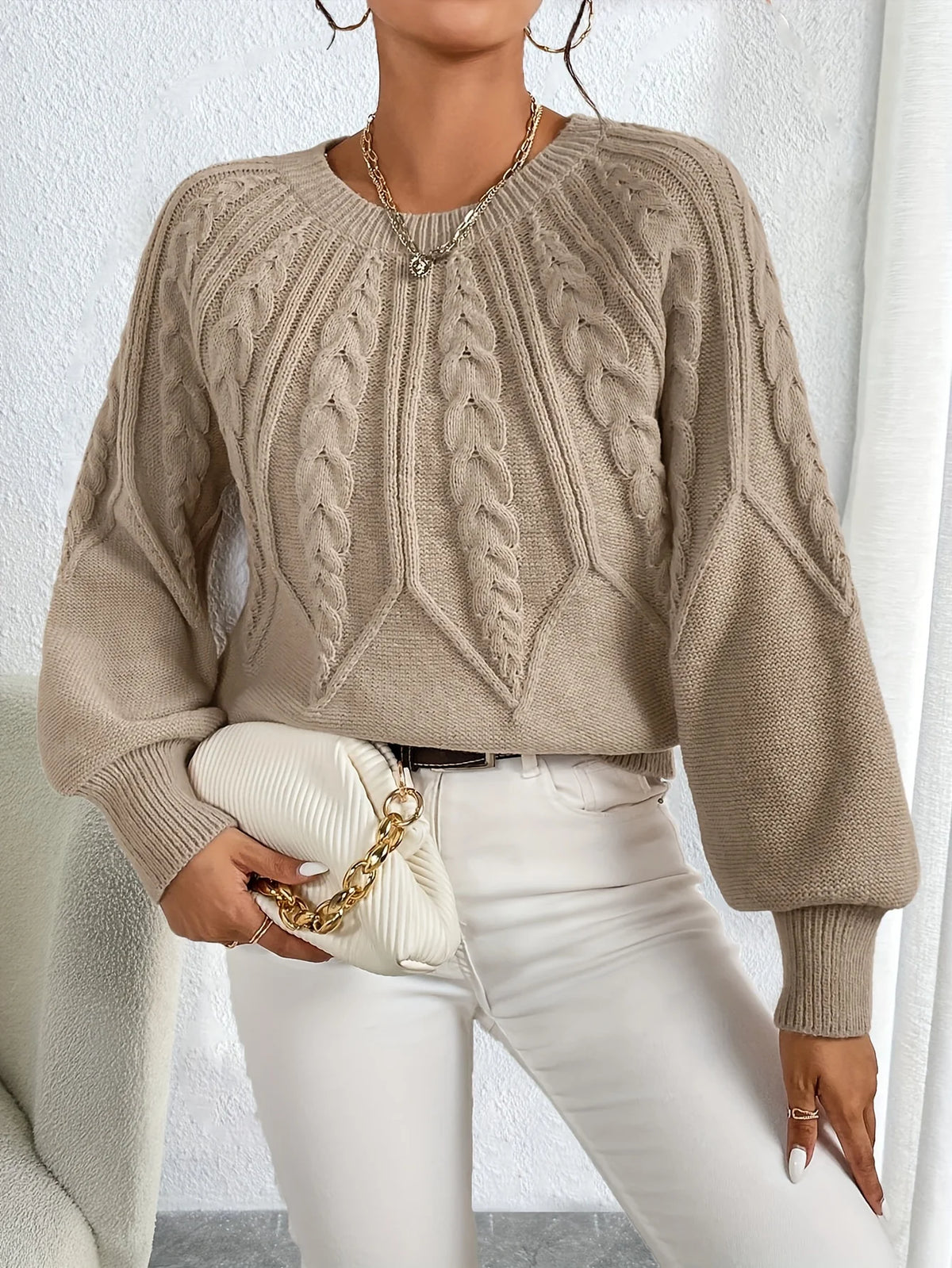 Kimberly | Women's Sweater Cable-Knit Lantern Sleeve Chunky Textured Soft Cosy Warm Layering Chic Feminine Casual Everyday Autumn