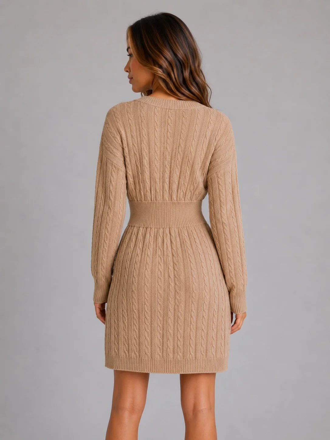 Paris | Women's Midi Dress Cable-Knit V-Neck Shirred Waist Fitted Soft Cosy Warm Feminine Chic Occasion Everyday Autumn Winter