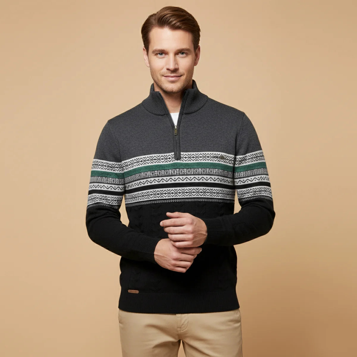 Apollo | Men's Sweater Quarter-Zip Cotton Fair Isle Knit Patterned Soft Warm Cosy Smart Casual Everyday Layering Autumn Winter