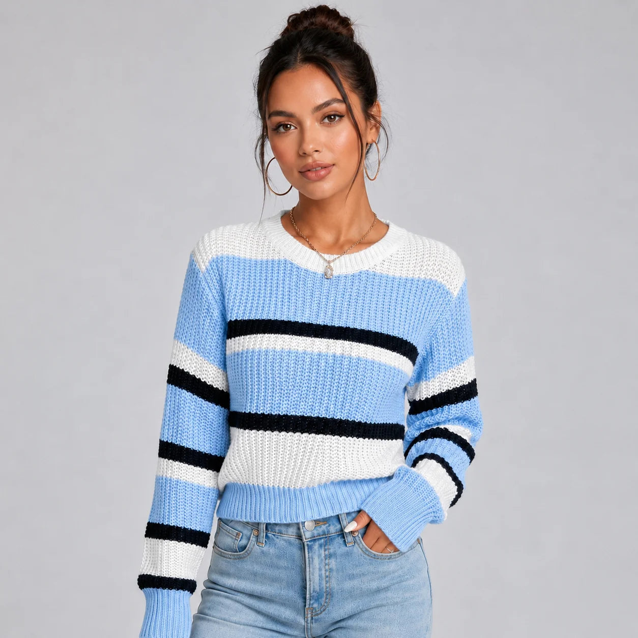 Vanessa | Women's Jumper Cropped Striped Round Neck Soft Knit Relaxed Cosy Warm Layering Chic Feminine Casual Everyday Autumn Winter