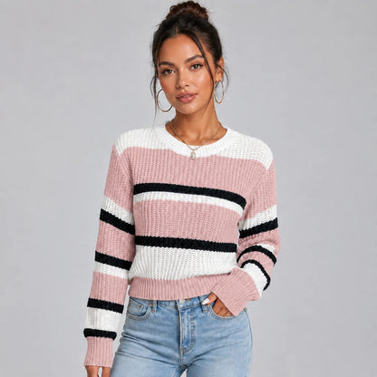 Vanessa | Women's Jumper Cropped Striped Round Neck Soft Knit Relaxed Cosy Warm Layering Chic Feminine Casual Everyday Autumn Winter