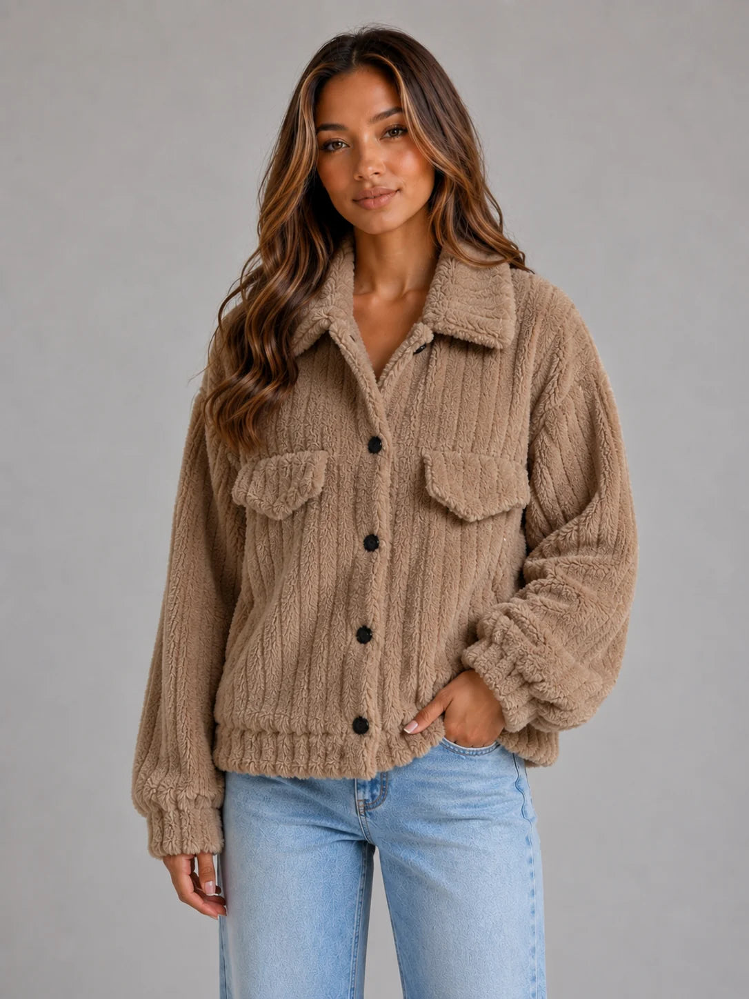 Lorelei | Women's Teddy Jacket Plush Button-Up Collared Fleece Sherpa Soft Cosy Warm Layering Chic Feminine Casual Everyday Autumn