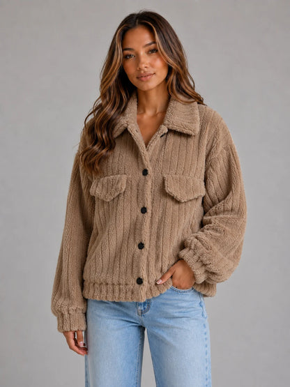 Lorelei | Women's Teddy Jacket Plush Button-Up Collared Fleece Sherpa Soft Cosy Warm Layering Chic Feminine Casual Everyday Autumn
