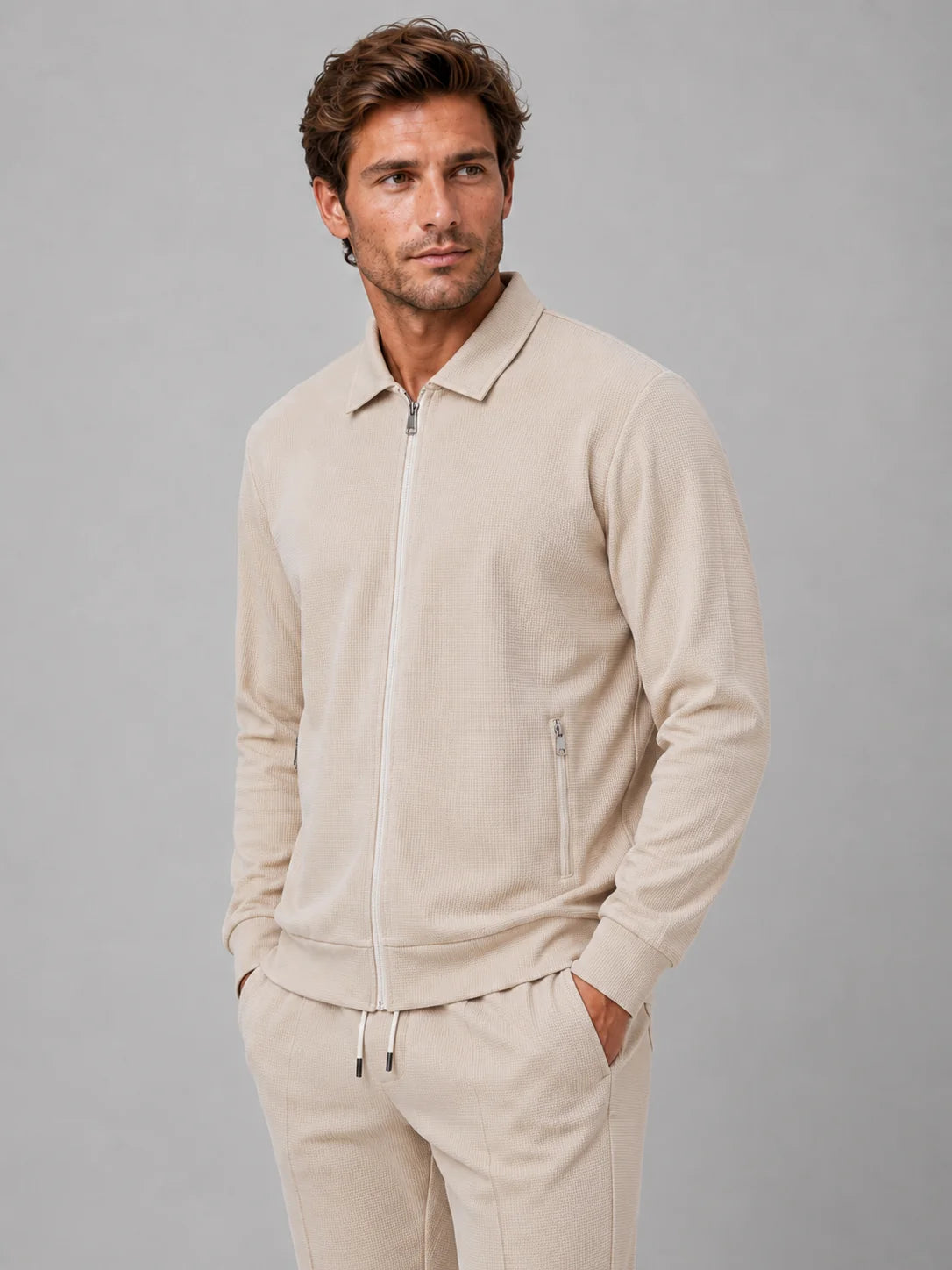 Amos | Men's Co-ord Set Zip Jacket Trousers Two-Piece Textured Smart Casual Coordinated Relaxed Refined Everyday Autumn Winter
