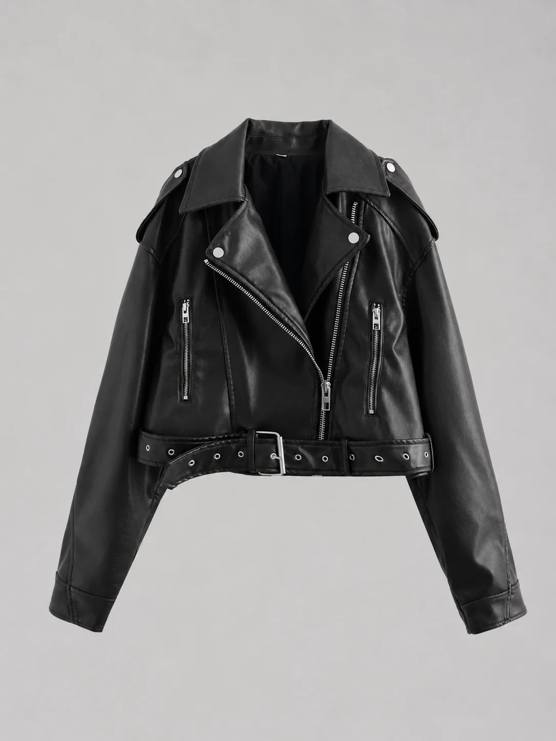 Raina | Women's Jacket Leather Look Biker Relaxed Fit Belted Moto Structured Edgy Chic Casual Everyday Autumn Winter Layering