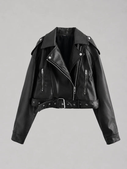 Raina | Women's Jacket Leather Look Biker Relaxed Fit Belted Moto Structured Edgy Chic Casual Everyday Autumn Winter Layering
