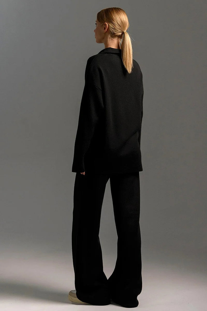 Kamila | Women's Co-ord Set Polo Collar Knit Pullover Wide-Leg Trousers Two-Piece Cosy Knit Coordinated Chic Autumn Winter