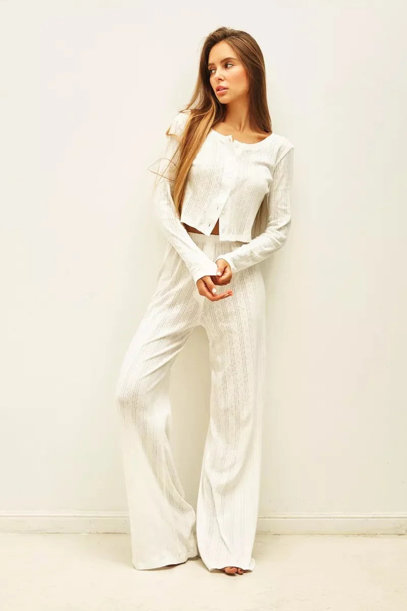 Karen | Women's Co-ord Set Cutout Jacquard Long-Sleeve Two-Piece Textured Soft Casual Coordinated Chic Autumn Winter Layering