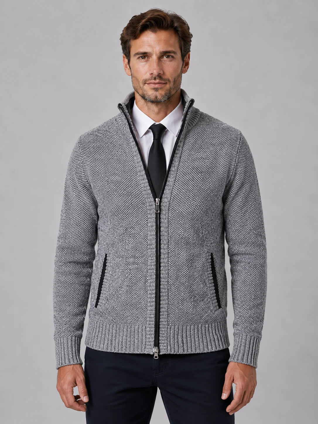 Amir | Men's Cardigan Full-Zip Funnel Neck Textured Knit Soft Warm Refined Layering Smart Casual Everyday Autumn Winter Knitwear