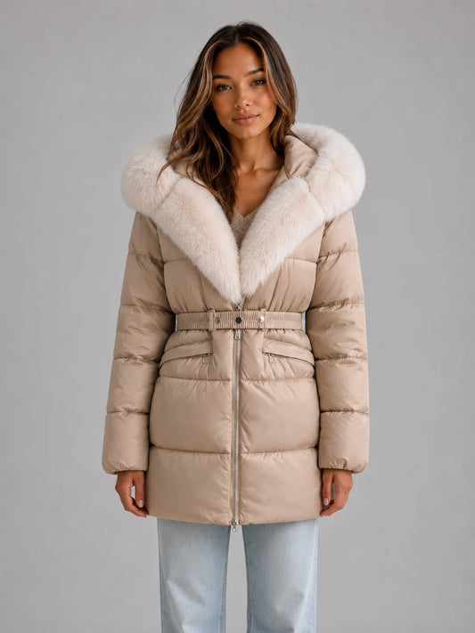 Rayna | Women's Puffer Jacket Hooded Faux Fur Trim Belted Padded Insulated Warm Quilted Casual Everyday Winter Outerwear Cosy