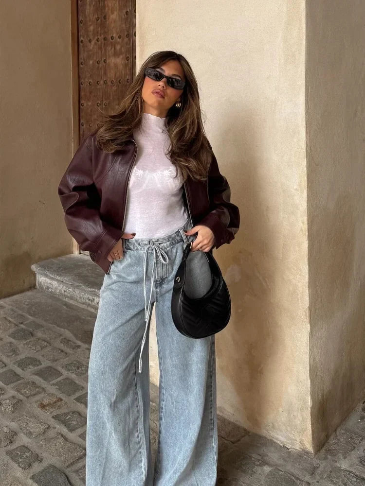 Sasha | Women's Leather Jacket Oversized Waist-Length Structured Relaxed Edgy Chic Casual Everyday Layering Autumn Winter Outerwear