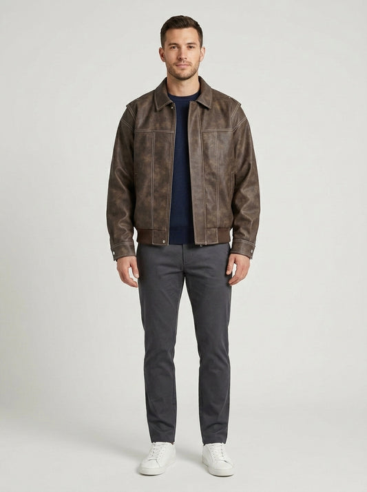 Andres | Men's Jacket Faux Leather Flap Collar Zip Pockets Structured Refined Smart Casual Everyday Autumn Winter Layering - Front [Lystr 6a855a04ca0d7180bd88d2d3:front]