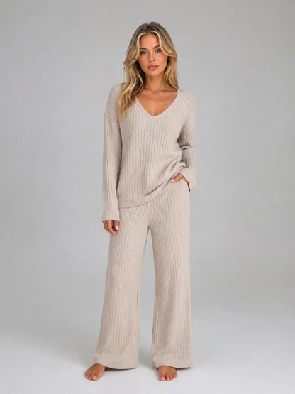 Rosemary | Women's Lounge Set Ribbed Knit V-Neck Jumper Wide-Leg Trousers Two-Piece Soft Cosy Warm Coordinated Comfort Loungewear