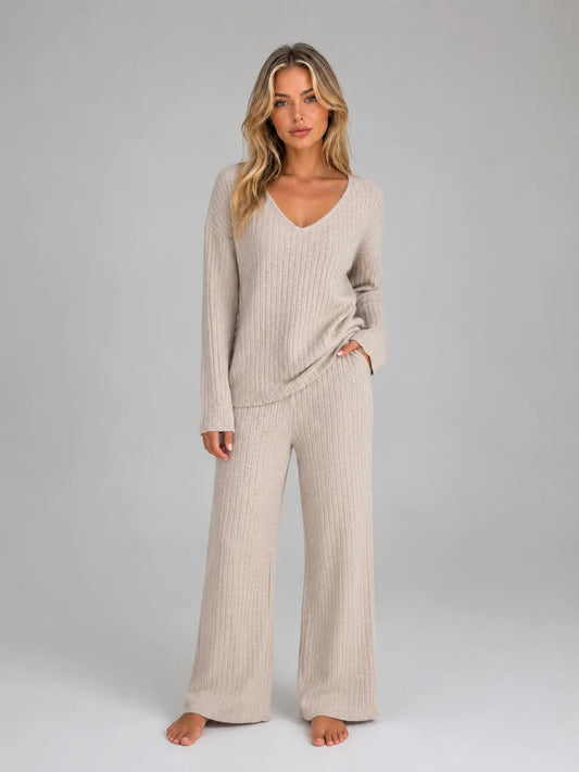 Rosemary | Women's Lounge Set Ribbed Knit V-Neck Jumper Wide-Leg Trousers Two-Piece Soft Cosy Warm Coordinated Comfort Loungewear