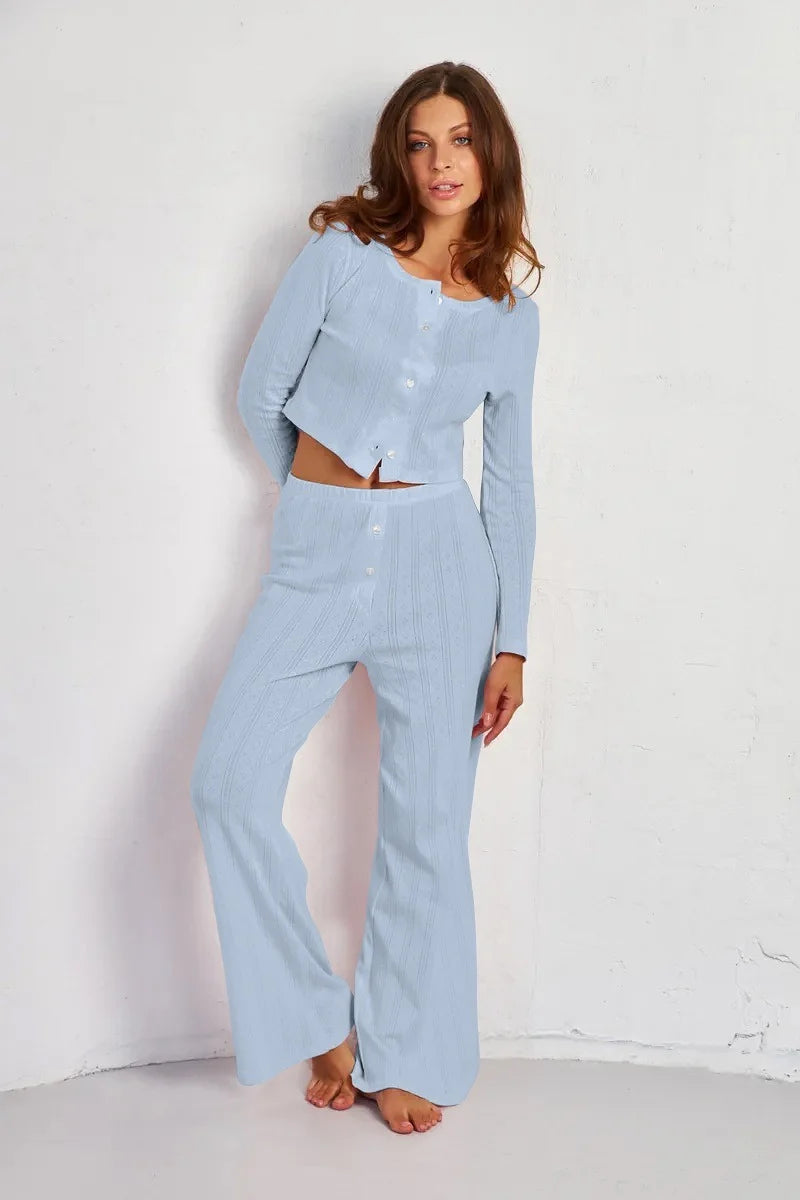 Karen | Women's Co-ord Set Cutout Jacquard Long-Sleeve Two-Piece Textured Soft Casual Coordinated Chic Autumn Winter Layering
