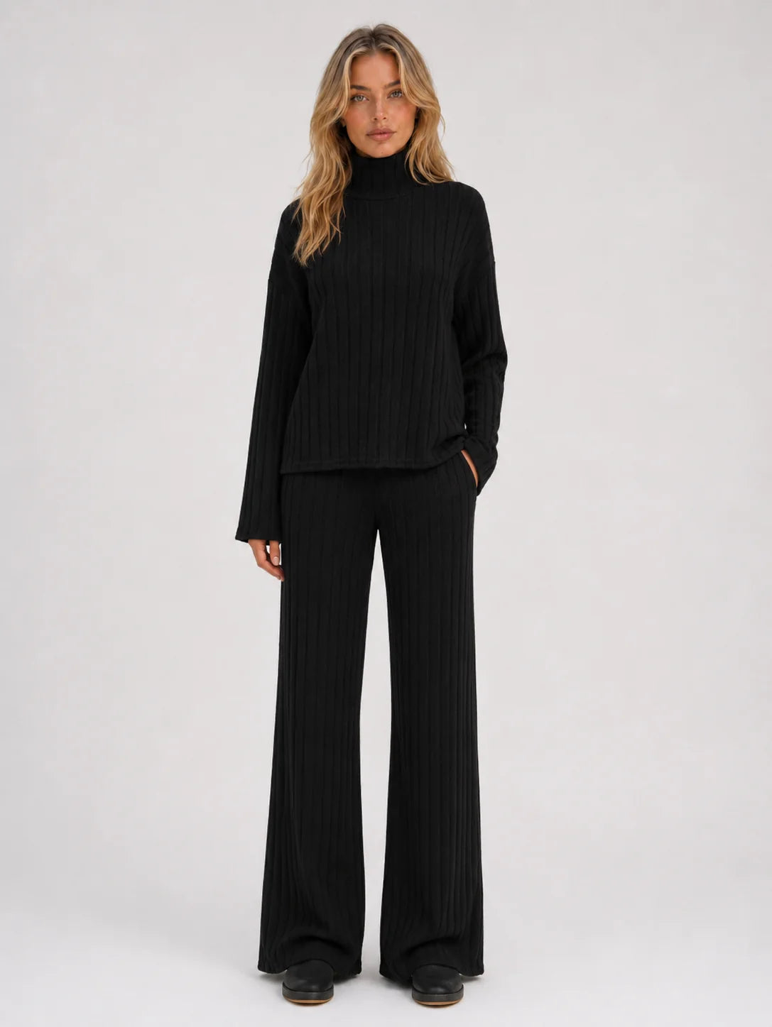 Louisa | Women's Lounge Set Ribbed Knit Roll Neck Jumper Wide-Leg Trousers Two-Piece Soft Cosy Warm Coordinated Relaxed Loungewear