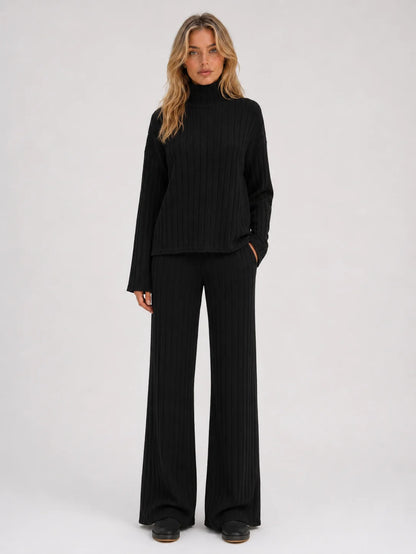 Louisa | Women's Lounge Set Ribbed Knit Roll Neck Jumper Wide-Leg Trousers Two-Piece Soft Cosy Warm Coordinated Relaxed Loungewear