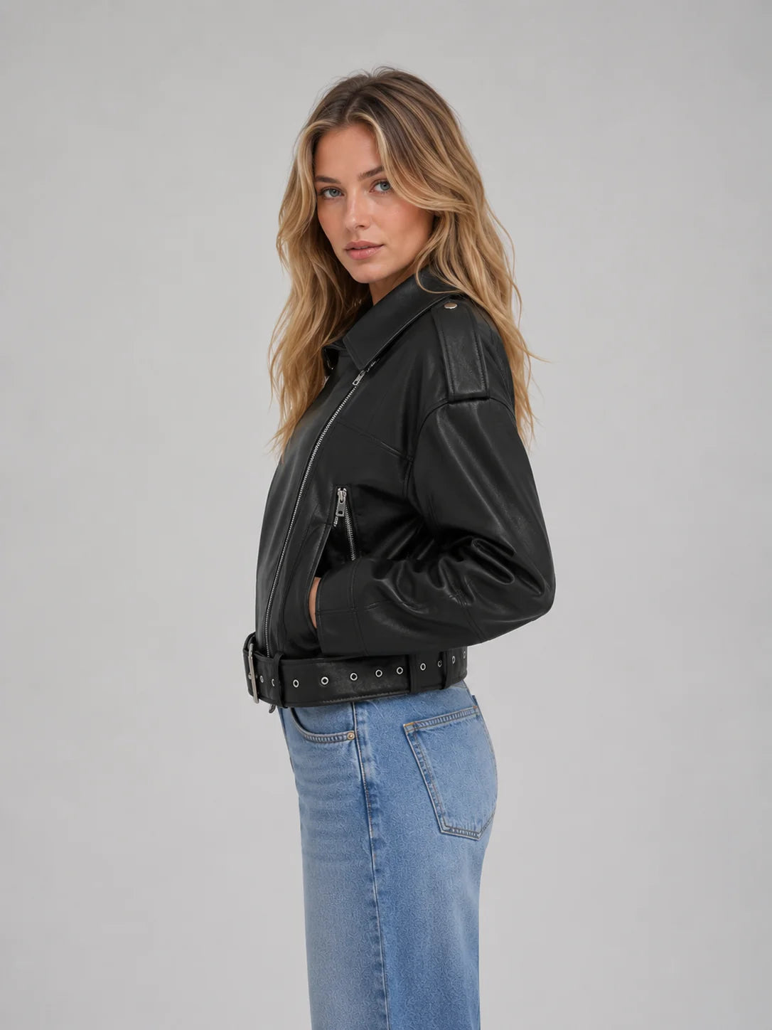 Raina | Women's Jacket Leather Look Biker Relaxed Fit Belted Moto Structured Edgy Chic Casual Everyday Autumn Winter Layering