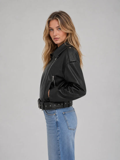 Raina | Women's Jacket Leather Look Biker Relaxed Fit Belted Moto Structured Edgy Chic Casual Everyday Autumn Winter Layering