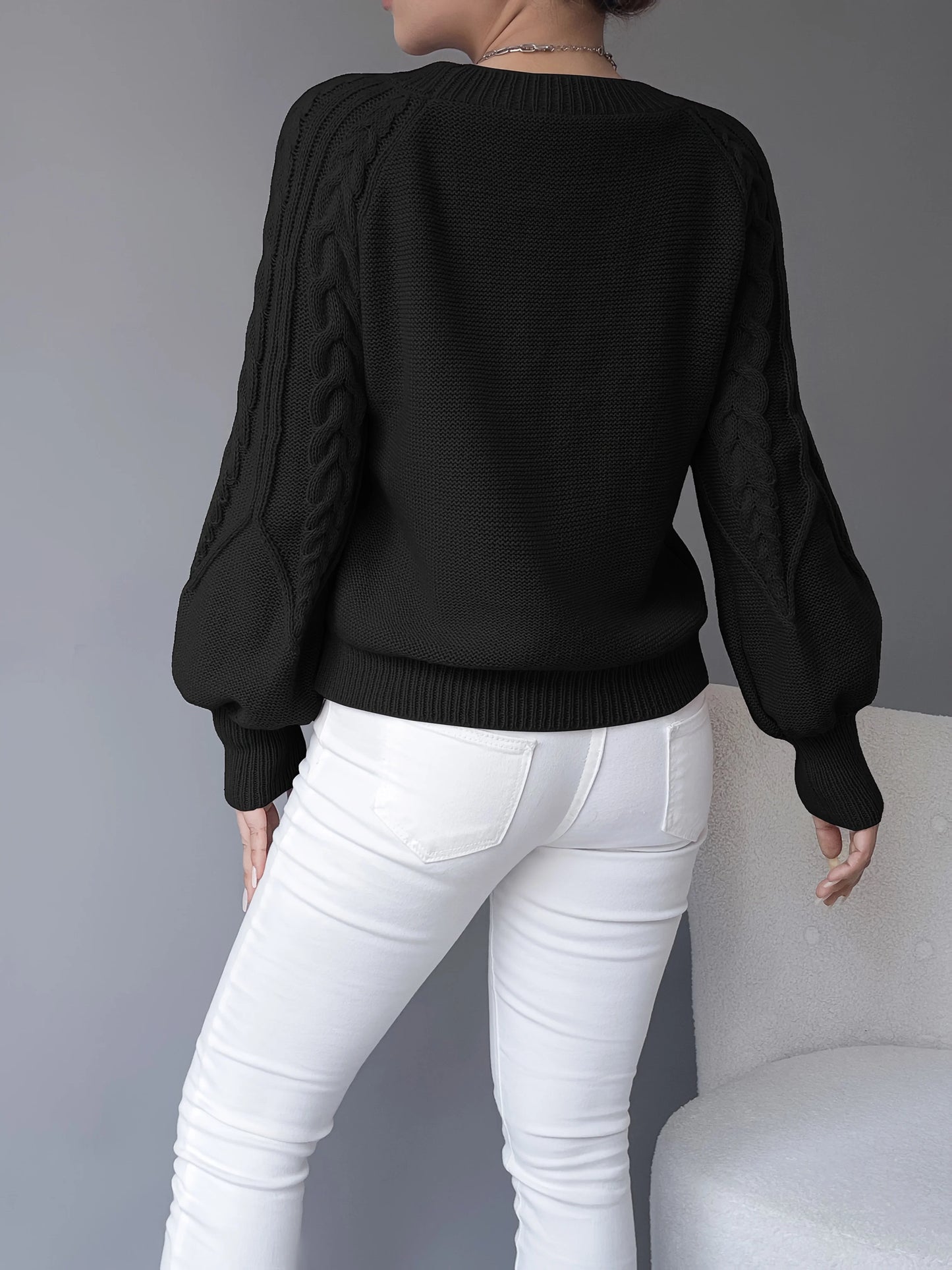 Kimberly | Women's Sweater Cable-Knit Lantern Sleeve Chunky Textured Soft Cosy Warm Layering Chic Feminine Casual Everyday Autumn
