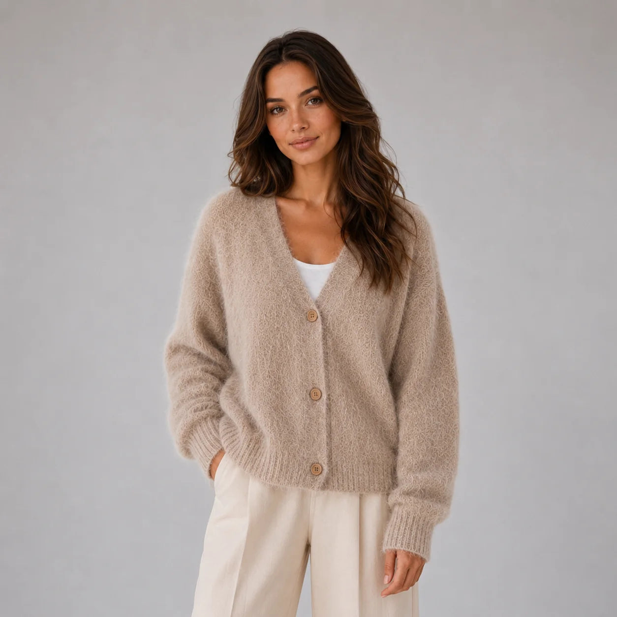 Taylor | Women's Cardigan Fluffy Knit Button-Front V-Neck Soft Cosy Warm Relaxed Layering Chic Feminine Casual Everyday Autumn