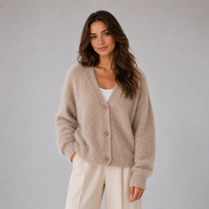 Taylor | Women's Cardigan Fluffy Knit Button-Front V-Neck Soft Cosy Warm Relaxed Layering Chic Feminine Casual Everyday Autumn