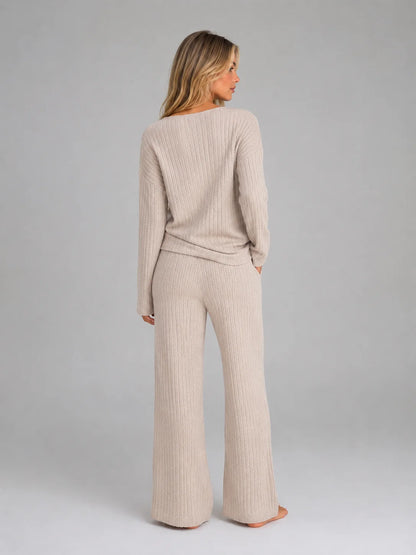 Rosemary | Women's Lounge Set Ribbed Knit V-Neck Jumper Wide-Leg Trousers Two-Piece Soft Cosy Warm Coordinated Comfort Loungewear