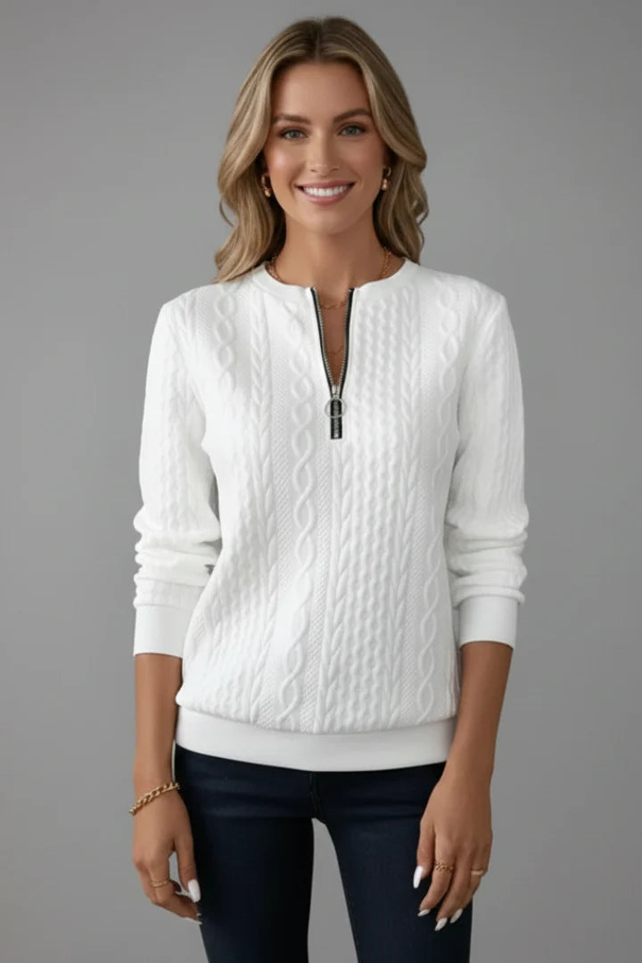 Nataly | Women's Sweater Cable-Knit Zip Neck Textured Chunky Soft Cosy Warm Layering Chic Feminine Casual Everyday Autumn Winter