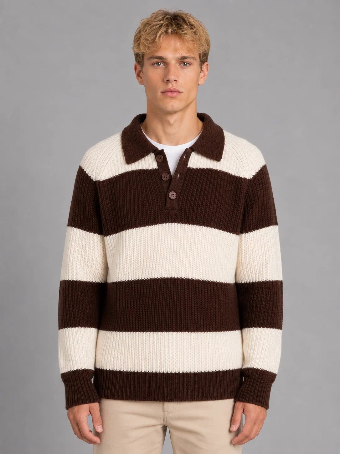 Bellamy | Men's Polo Sweater Striped Button Neck Ribbed Knit Soft Warm Refined Smart Casual Everyday Layering Autumn Winter