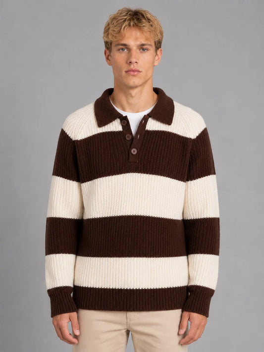 Bellamy | Men's Polo Sweater Striped Button Neck Ribbed Knit Soft Warm Refined Smart Casual Everyday Layering Autumn Winter