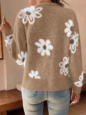 Marina | Women's Cardigan Floral V-Neck Button Front Knit Soft Feminine Cosy Warm Relaxed Layering Chic Casual Everyday Autumn