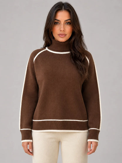 Liana | Women's Sweater Roll Neck Soft Relaxed Knit Contrast Trim Cosy Warm Layering Chic Feminine Casual Everyday Autumn Winter