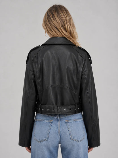 Raina | Women's Jacket Leather Look Biker Relaxed Fit Belted Moto Structured Edgy Chic Casual Everyday Autumn Winter Layering