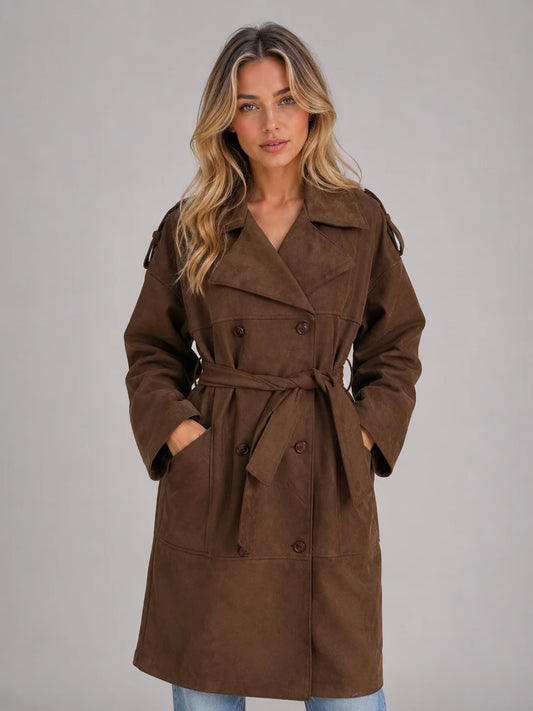 Raven | Women's Trench Coat Suede Look Belted Long Double-Breasted Structured Warm Smart Occasion Everyday Autumn Winter Statement