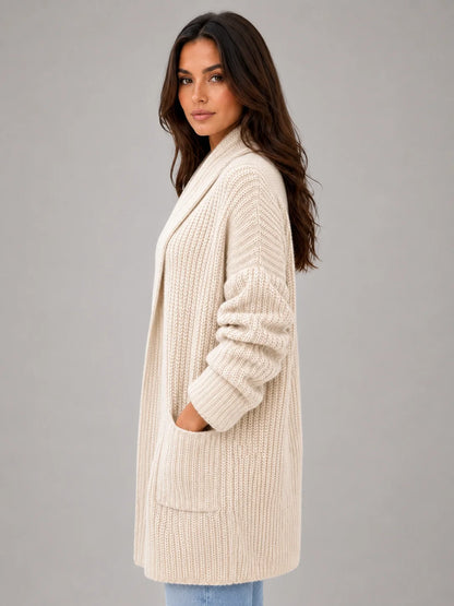 Raquel | Women's Cardigan Open-Front Pockets Soft Knit Longline Relaxed Cosy Warm Layering Chic Feminine Casual Everyday Autumn