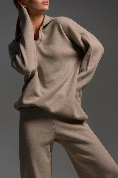 Kamila | Women's Co-ord Set Polo Collar Knit Pullover Wide-Leg Trousers Two-Piece Cosy Knit Coordinated Chic Autumn Winter
