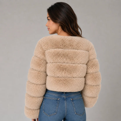 Veda | Women's Faux Fur Jacket Cropped Fluffy Plush Soft Warm Cosy Chic Feminine Occasion Everyday Autumn Winter Outerwear