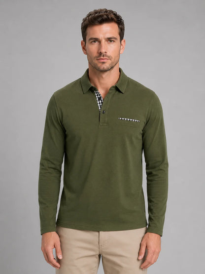Brennan | Men's Polo Shirt Long-Sleeve Gingham Trim Casual Cotton Soft Refined Smart Casual Everyday Layering Autumn Winter
