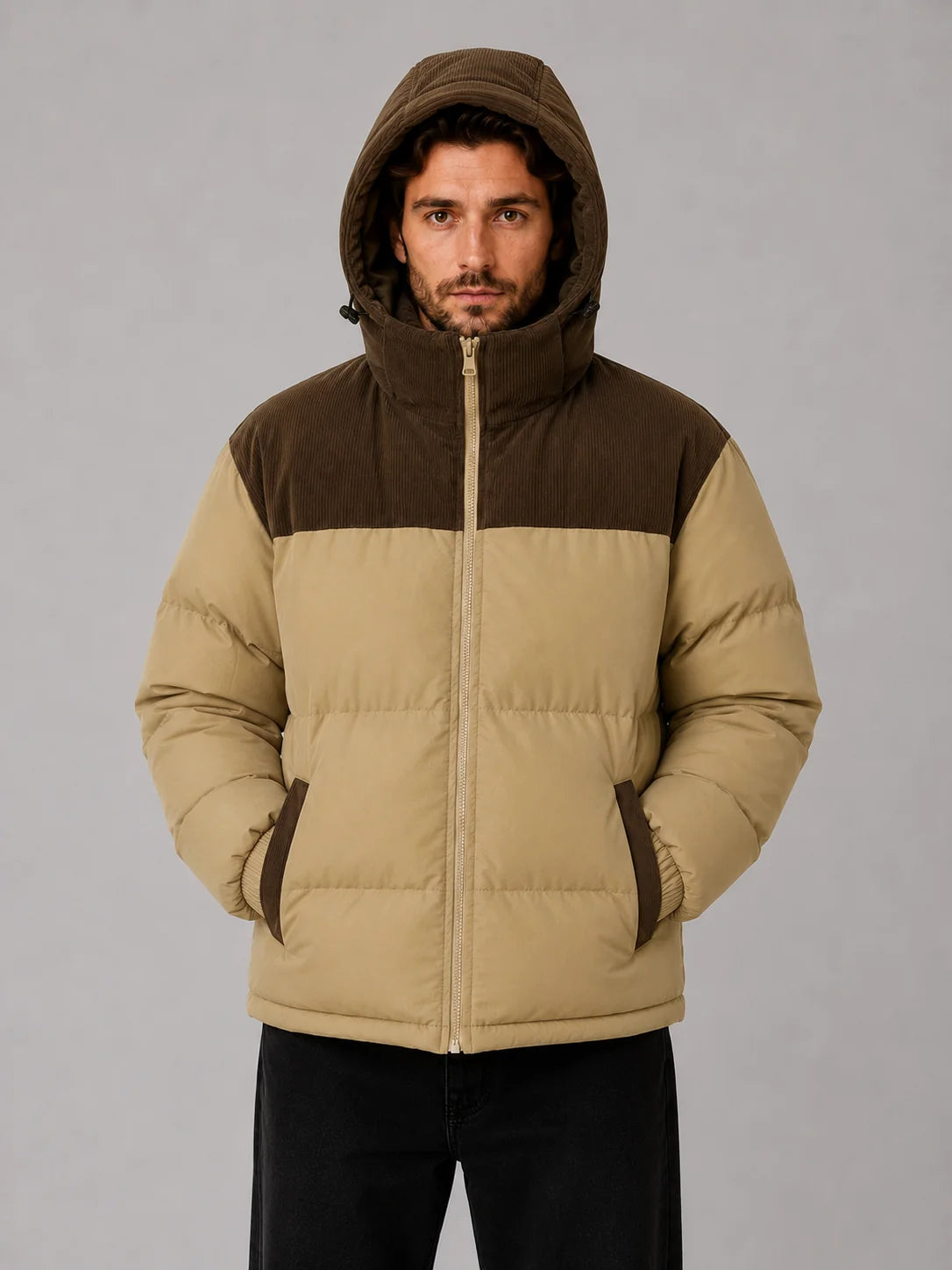 Bruce | Men's Puffer Jacket Hooded Corduroy Quilted Padded Insulated Warm Zip Casual Everyday Streetwear Autumn Winter Outerwear
