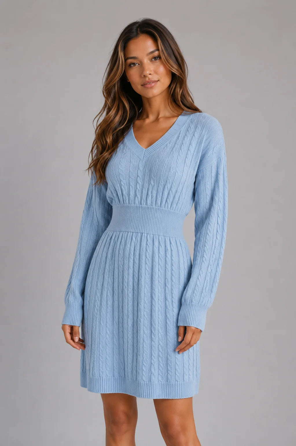 Paris | Women's Midi Dress Cable-Knit V-Neck Shirred Waist Fitted Soft Cosy Warm Feminine Chic Occasion Everyday Autumn Winter