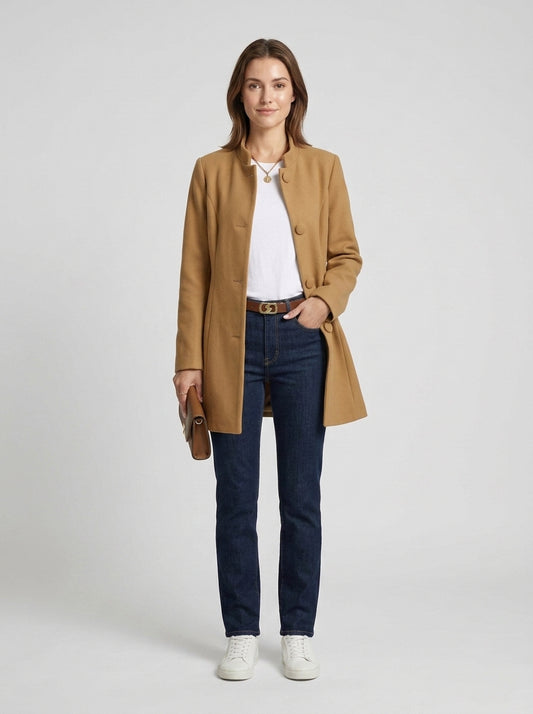 Willow | Women's Coat Stand Collar Single-Breasted Long Button - Camel - Front [Lystr 6a7ef4bb297fae0cb5f88725:front]